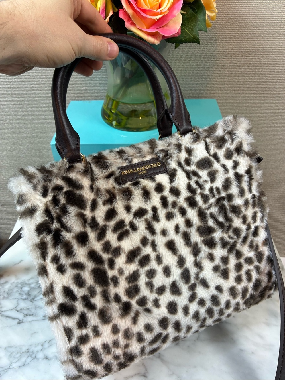 Karl Lagerfeld Snow Leopard Faux Fur & Brown Leather Satchel Bag - NWOT - Picture 2 of 9